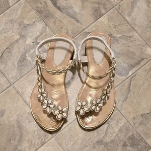 Italina White and Gold Floral Braided T-Strap Sandals